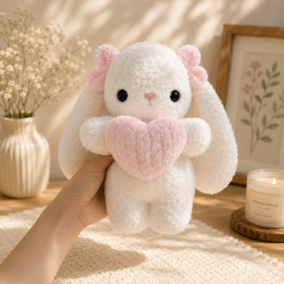 A white plush bunny toy with long floppy ears, pink inner ears, and a pink heart-shaped pillow, being held by a hand in a warm, sunlit room with dried flowers and a candle in the background.