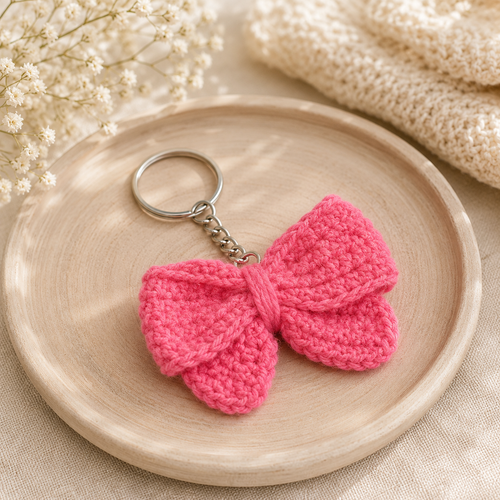 A pink crocheted bow keychain with a silver metal ring and chain, resting on a round wooden plate with dried flowers and a knitted textile in the background.