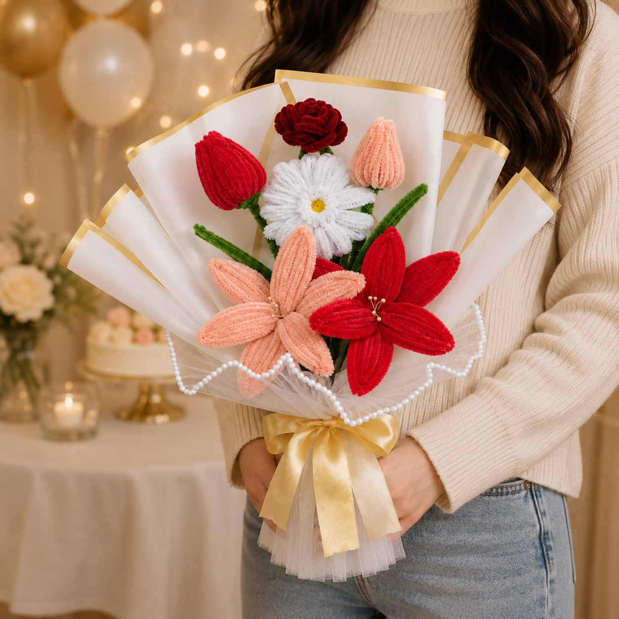 A person in a cream sweater holds a handmade crochet flower bouquet with red tulips, peach lilies, a white daisy, and a dark red rose, wrapped in white paper with gold trim and a yellow ribbon, against a softly blurred party background with balloons and string lights.