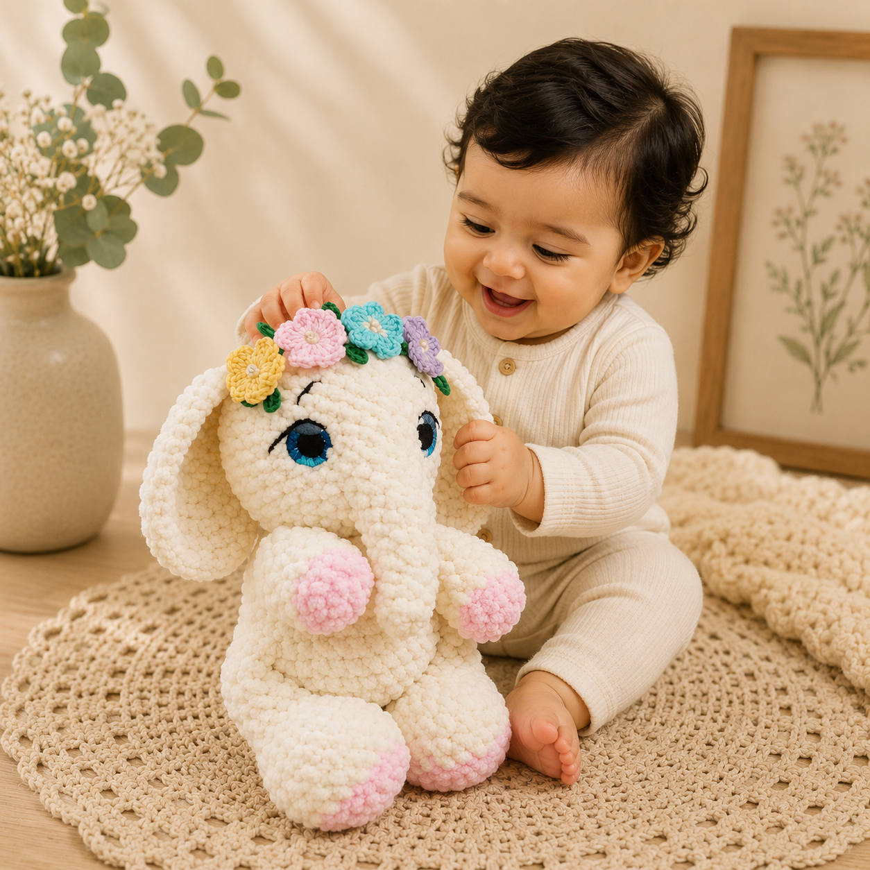 A baby in a cream ribbed long-sleeve romper sits on a beige crocheted rug, smiling and touching a handmade crocheted elephant toy with a pastel flower crown.