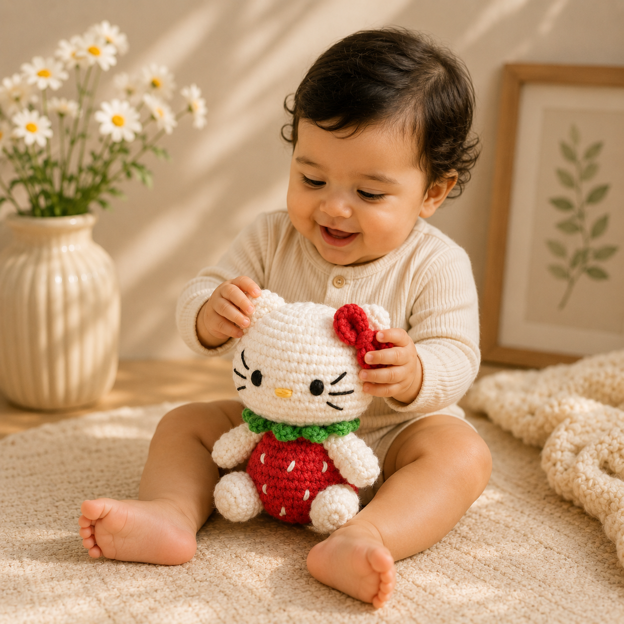 A baby sitting on a beige rug holding a crocheted Hello Kitty doll dressed as a strawberry. The baby is wearing a ribbed cream bodysuit in a warm, sunlit room with a vase of daisies and a framed botanical print in the background.