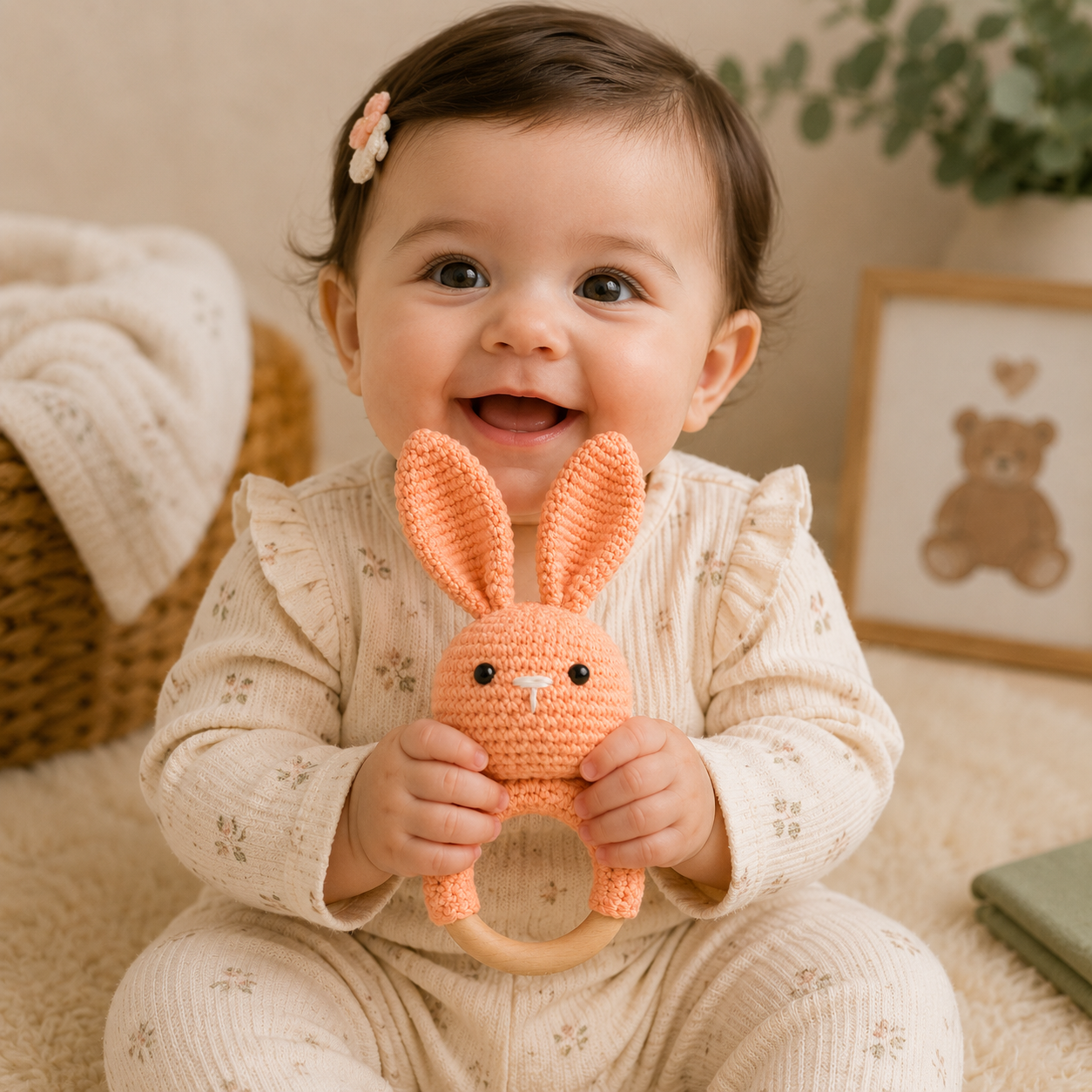 A smiling baby wearing a cream floral long-sleeve romper sits on a soft beige floor, holding a crocheted peach bunny teether with a wooden ring.