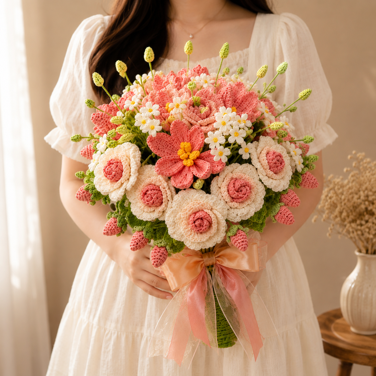 A person in a white dress holds a large crocheted bouquet of pink, cream, and white flowers with green stems and a peach ribbon. The background is a softly lit indoor setting with a small vase of dried flowers on a wooden table.