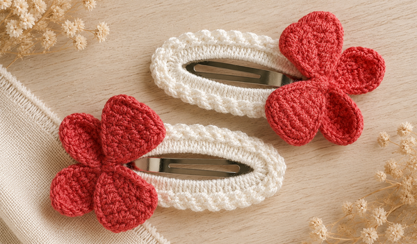 Two white crocheted hair clips with red flower-shaped accents, arranged on a light wood surface with dried floral decorations.