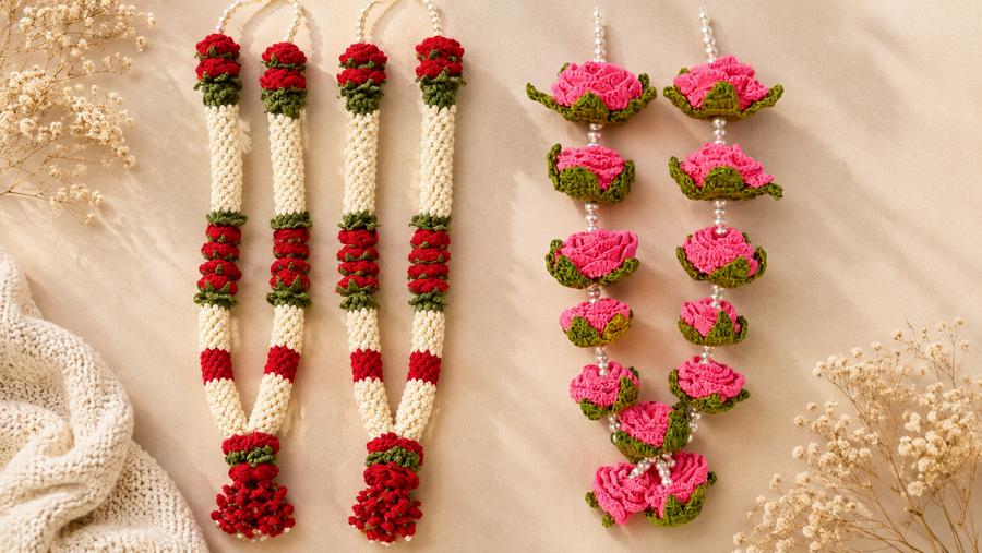 A handmade crochet flower garland mala in rose and jasmine-style designs — an elegant, everlasting piece perfect for weddings, poojas, or festive gifting.