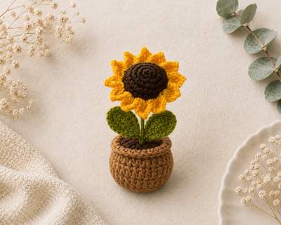 A handmade crochet sunflower potted in a cozy woven planter — a cheerful, no-maintenance decor piece perfect for gifting or brightening any space.