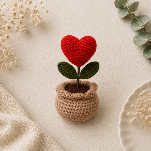 A handmade crochet heart flower potted in a cozy planter — a sweet, romantic keepsake gift that never wilts, perfect for Valentine's or any occasion.