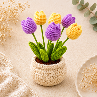 A handmade crochet tulip flower in purple and yellow, potted in a cozy planter — a cheerful, everlasting floral piece perfect for gifting or decor.