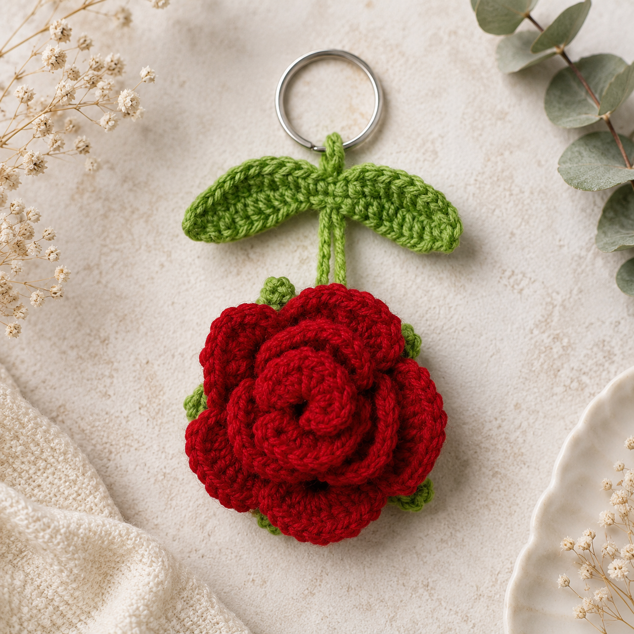 A handmade crochet red rose keychain with delicate green leaves — a charming, everlasting floral accessory perfect for gifting or everyday carry.