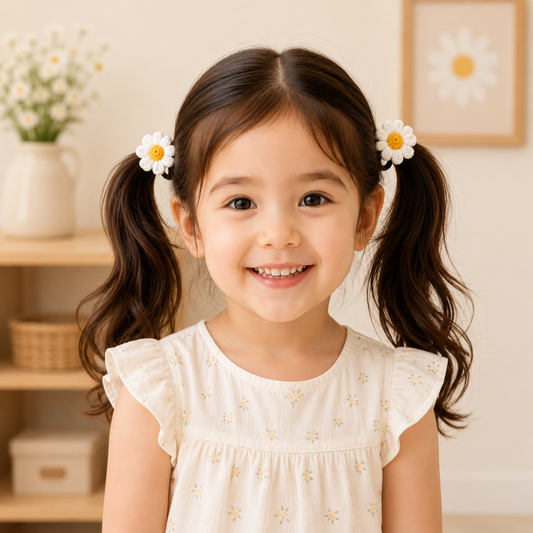 A young girl with dark brown hair in pigtails wearing white daisy hair clips and a cream-colored embroidered dress, smiling in a warm, softly lit room.