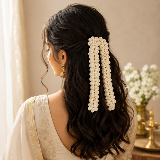 A woman shown from the back wearing a cream-colored, crocheted hair accessory with three long hanging strands in her dark wavy hair. She is wearing a cream-colored traditional outfit, and the background features a soft beige wall, a curtain, and a decorative vase of white flowers.