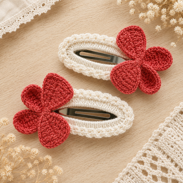 Two crocheted hair clips with white and red flower designs, displayed on a light wood surface with decorative lace and dried flowers.