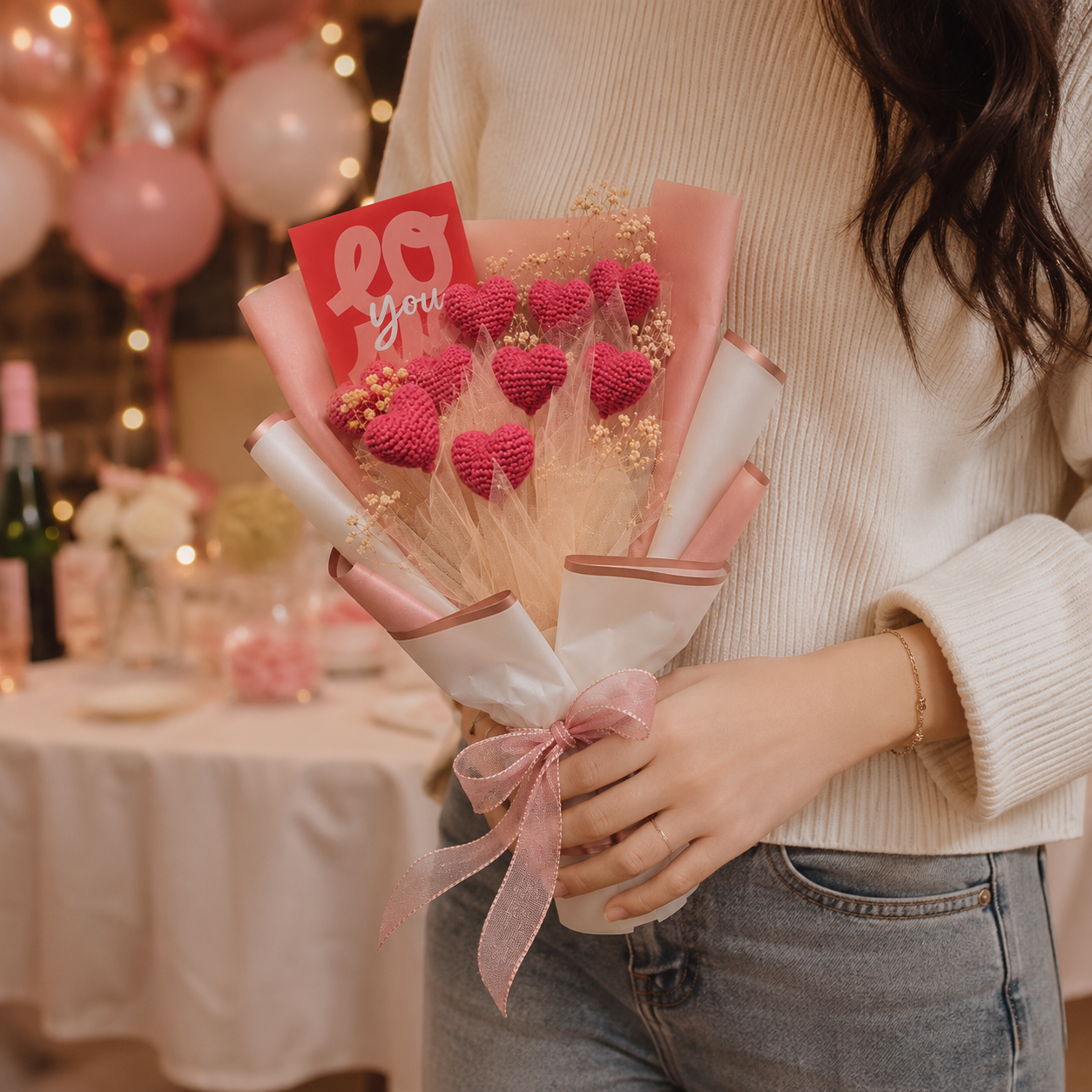 A person in a cream ribbed sweater holds a small bouquet made of pink crocheted hearts with a red card that says 'love you' in a softly lit indoor setting with balloons and table decorations in the background.