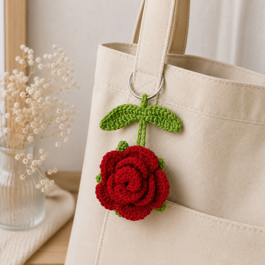 A cream canvas tote bag with a silver metal ring holding a crocheted red rose charm with green leaves and stem, styled next to a glass vase with dried white flowers on a light wood surface.