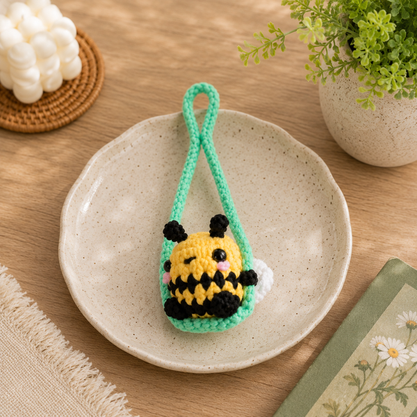 A small crocheted bumble bee keychain or bag charm sits on a speckled ceramic plate on a wooden table. The charm is yellow and black with pink cheeks and white wings, hanging from a mint green loop.
