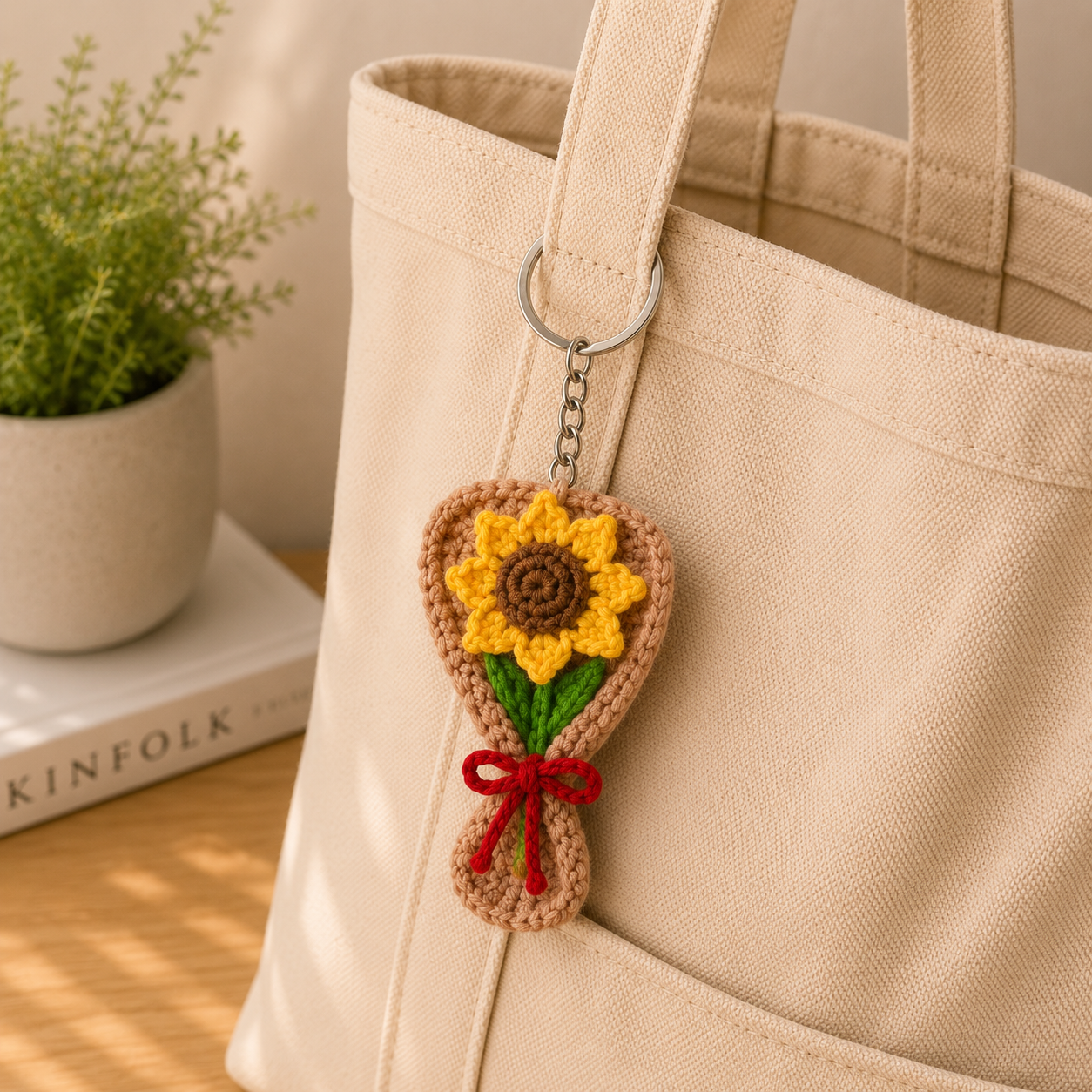 A beige canvas tote bag with a crocheted sunflower bouquet keychain hanging from the handle. The keychain features a yellow and brown sunflower with green leaves and a red ribbon, set against a softly lit background with a small potted plant and a book.