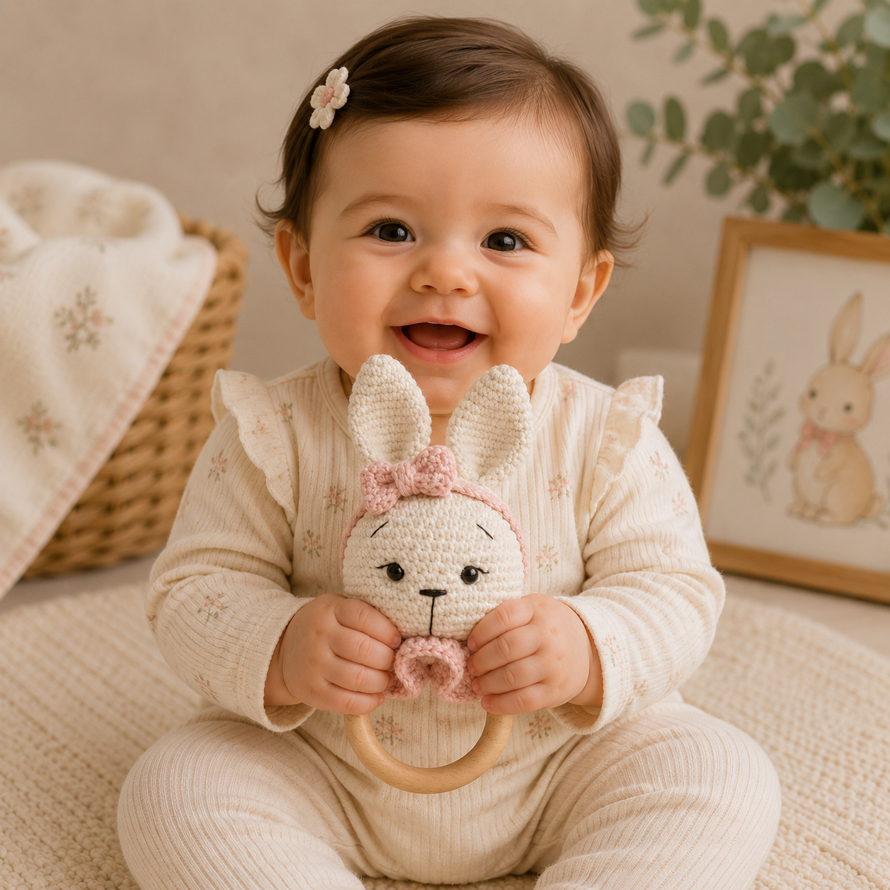 A smiling baby sitting on a soft cream rug, wearing a cream ribbed onesie and holding a crocheted bunny toy with a wooden ring. The scene is styled with a woven basket, a blanket, and a framed bunny illustration in the background.