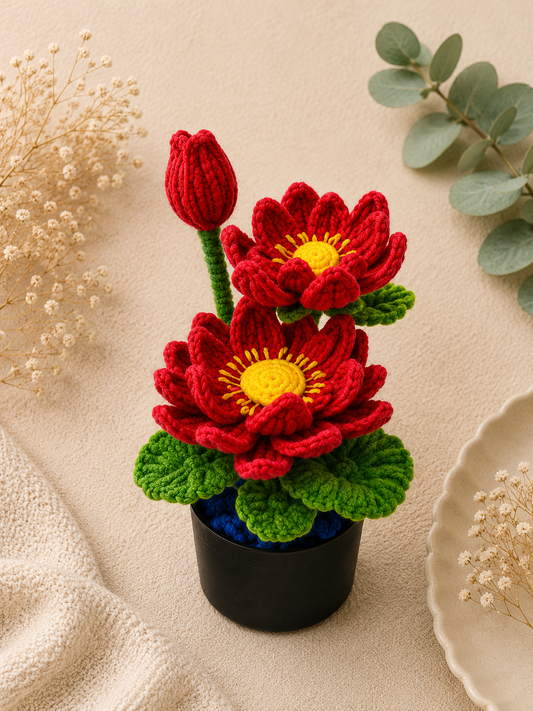 A handmade pink lotus flower crafted from pipe cleaners, potted in a cozy planter — a charming, no-maintenance decor piece perfect for gifting.