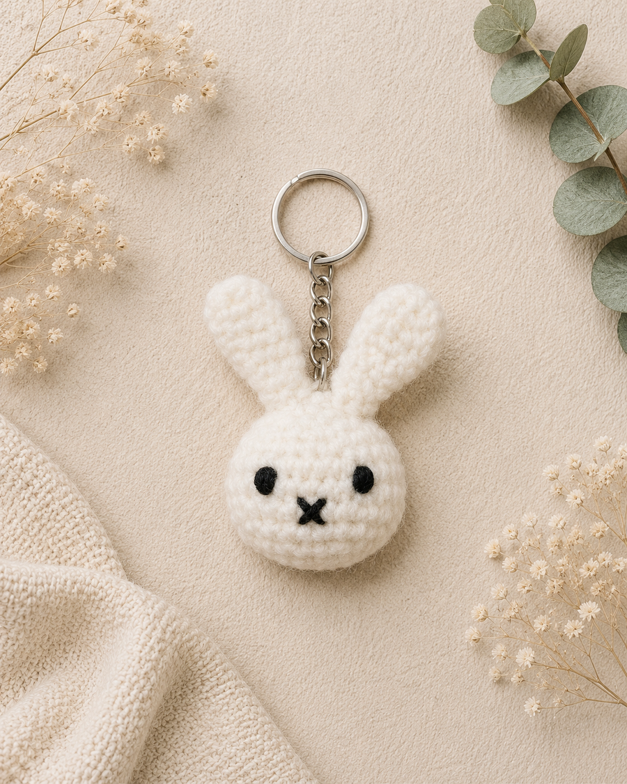 A soft, handmade crochet bunny keychain with a sweet stitched face — the perfect cute little charm for your keys, bag, or as a thoughtful gift.