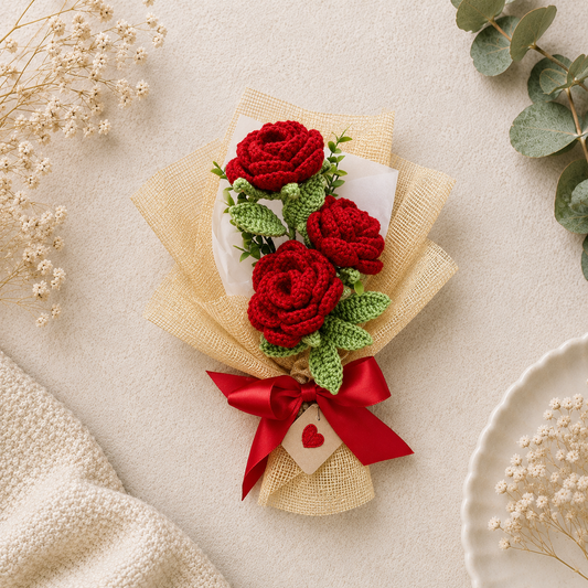 A small handmade crochet bouquet of three red roses with green leaves, wrapped in beige burlap paper and tied with a red ribbon, styled on a light beige textured surface with dried flowers and greenery.