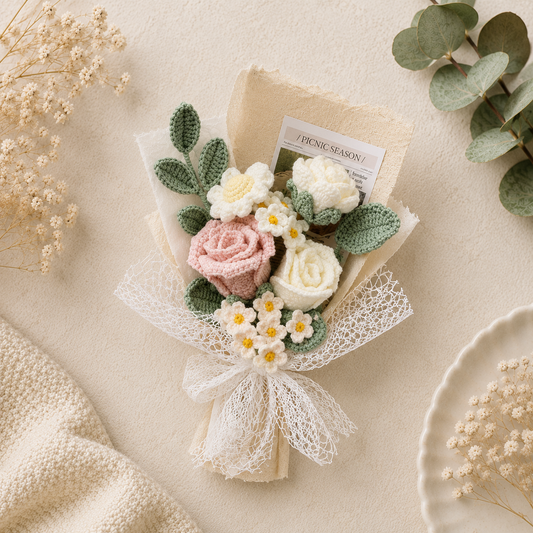 A crocheted flower bouquet with pink and white roses, white daisies, and green leafy accents, wrapped in cream paper and lace ribbon on a beige textured background with dried flowers and eucalyptus leaves.