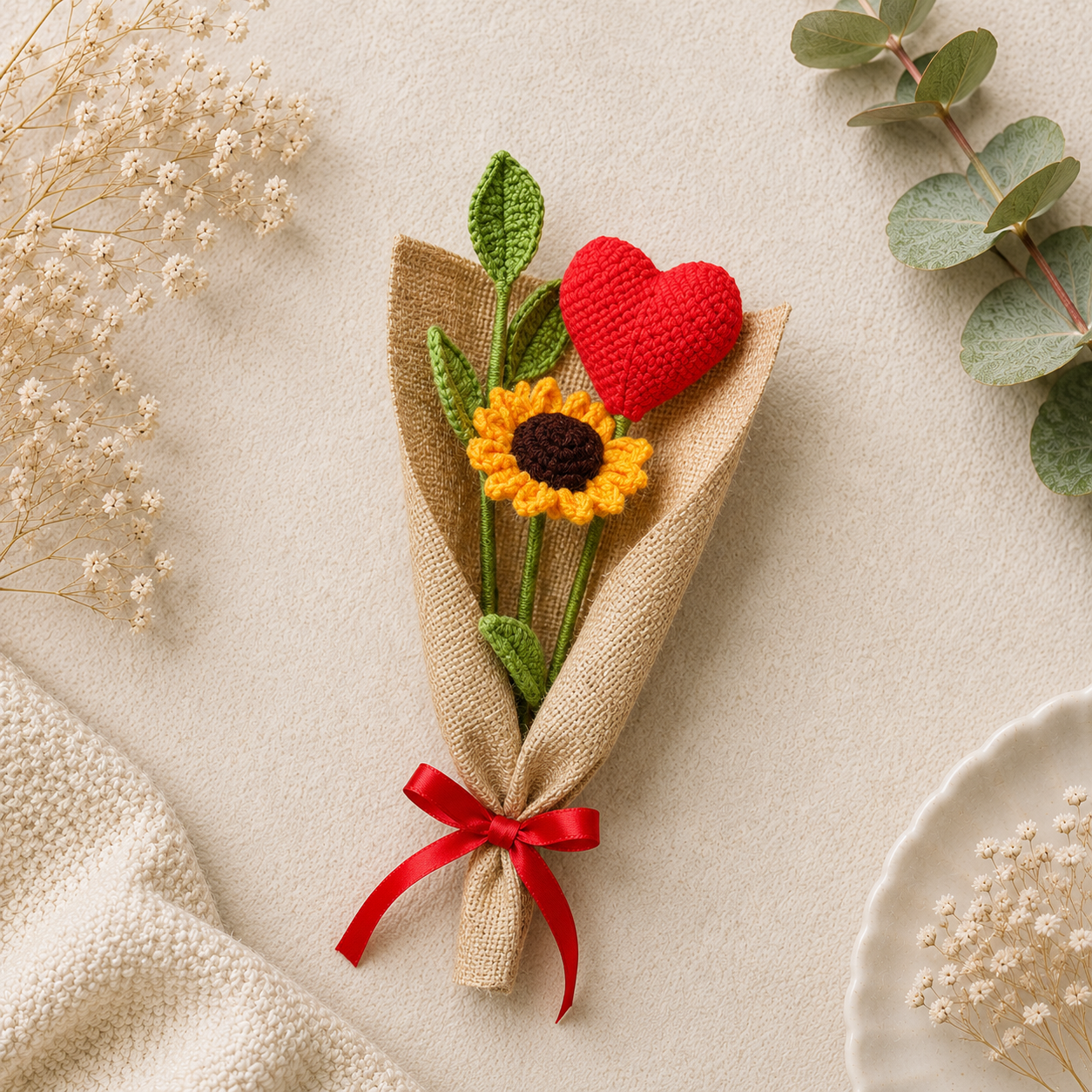 A crocheted flower bouquet gift set featuring a yellow sunflower with a dark brown center, a red heart-shaped flower, green leaves, and a beige burlap wrapper tied with a red ribbon, styled on a neutral textured background with dried flowers and greenery.