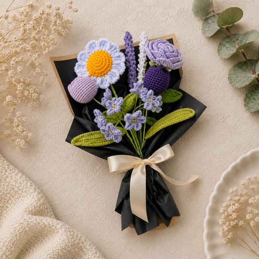 A crocheted flower bouquet gift set wrapped in black paper and tied with a cream ribbon, styled on a textured beige surface with dried flowers and greenery.