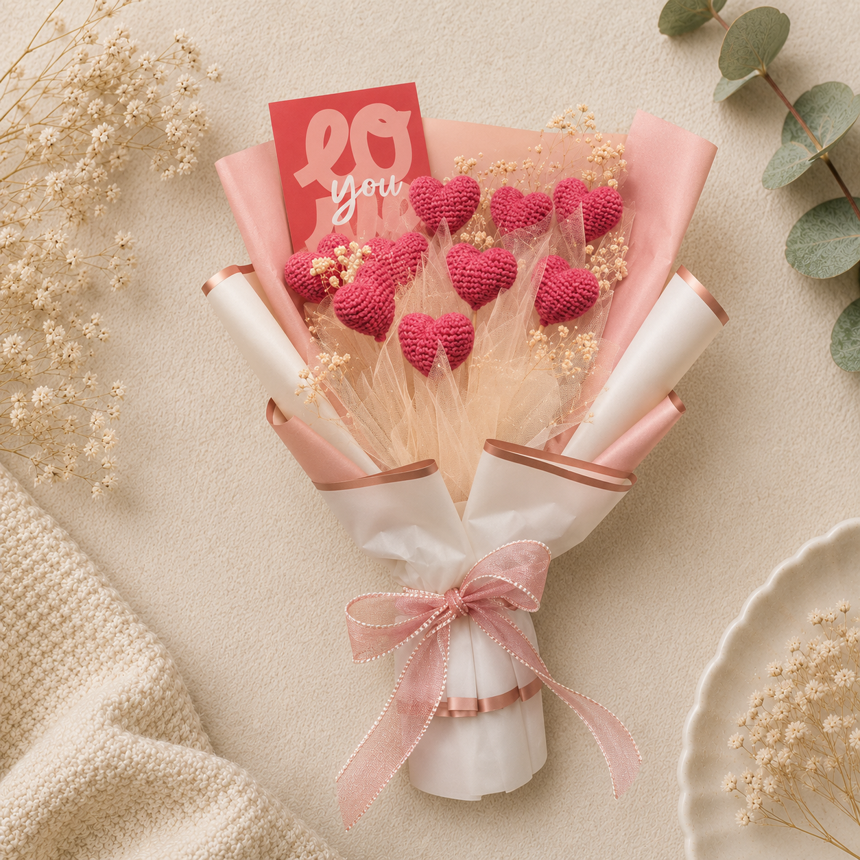 A handmade heart-shaped flower bouquet wrapped in pink and white paper with a pink ribbon, featuring a red greeting card that says 'love you', styled on a beige textured background with dried flowers and green leaves.