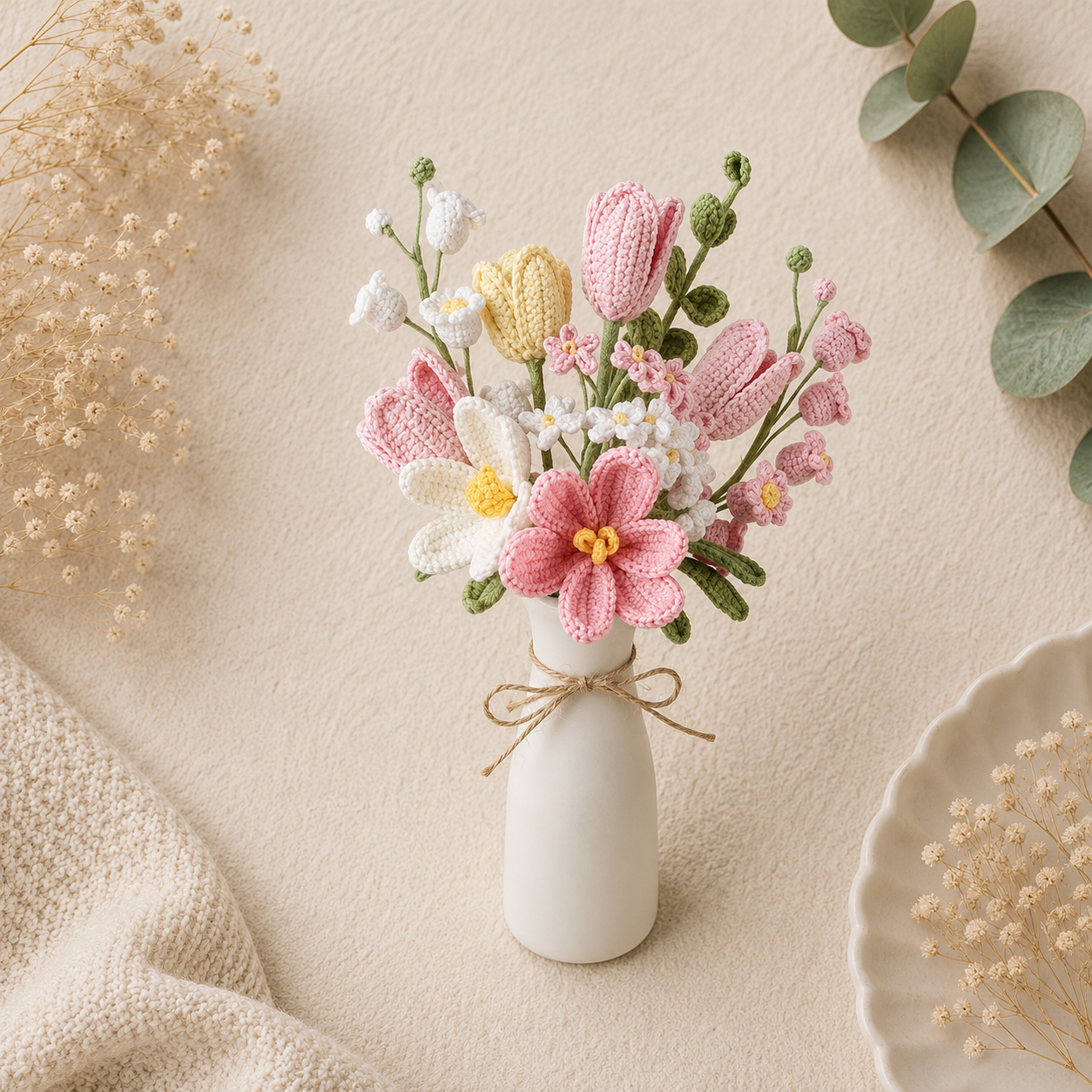 Handmade crocheted floral arrangement in a small white ceramic vase with a twine bow, styled on a beige textured surface with dried flowers and greenery.