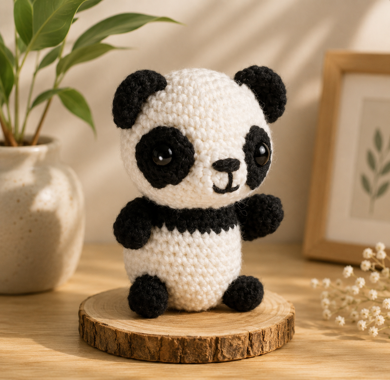 A crocheted panda toy sits centered on a round wood slice coaster on a wooden table. The background features a potted plant on the left and a framed print on the right, all under warm, soft sunlight.