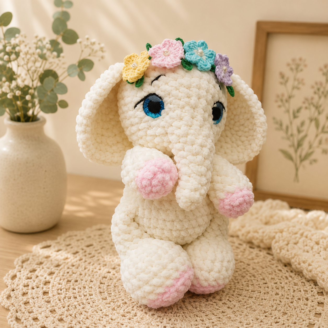 A crocheted elephant plush toy sits on a beige lace doily on a wooden surface. The plush is cream-colored with pink accents on its feet and cheeks, and a small flower crown in yellow, pink, blue, and purple.