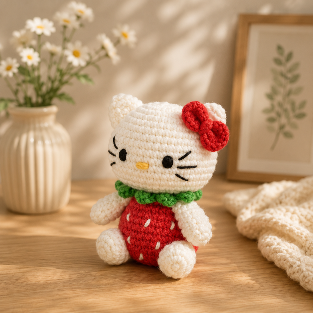 A crocheted Hello Kitty doll styled on a wooden table with a cream ribbed vase of daisies, a framed botanical print, and a cream knit blanket in the background.