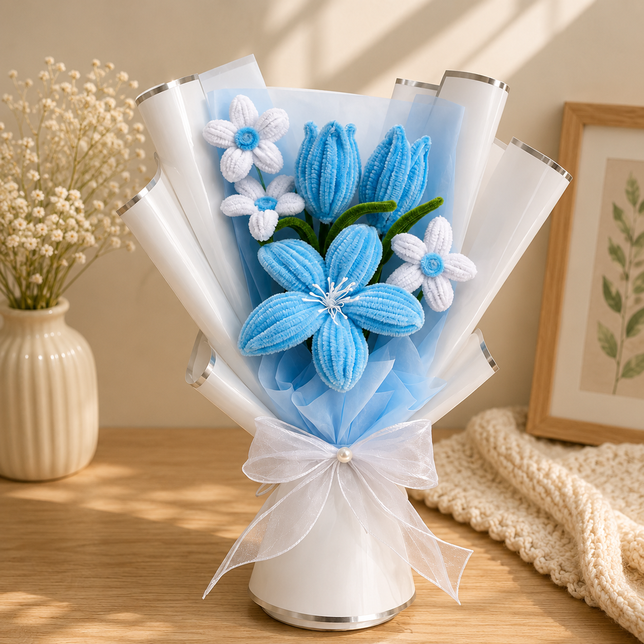 A handmade floral bouquet made of blue and white crocheted flowers, wrapped in light blue tissue paper and a white organza ribbon, displayed on a wooden table with decorative props.