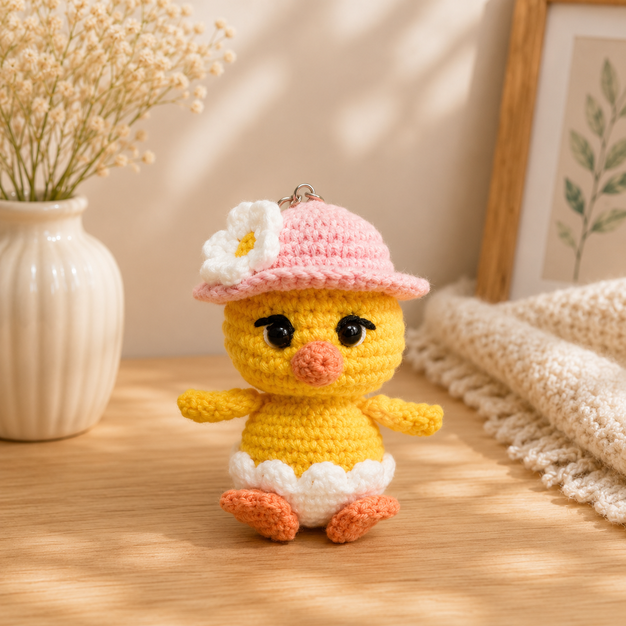 A crocheted yellow duck character keychain or ornament, wearing a pink sun hat with a white flower and white diaper, standing on a wooden surface in a warm, softly lit room.