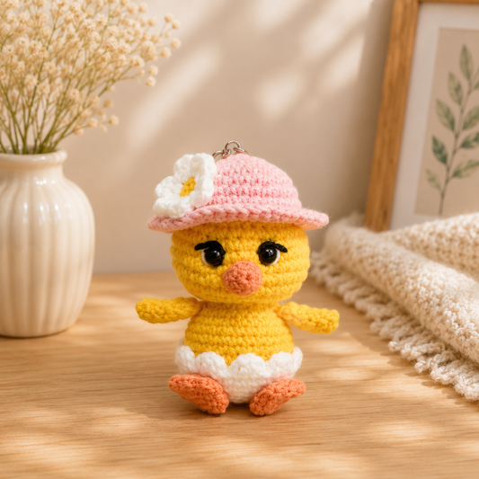 A crocheted yellow duck character keychain or ornament, wearing a pink sun hat with a white flower and white diaper, standing on a wooden surface in a warm, softly lit room.