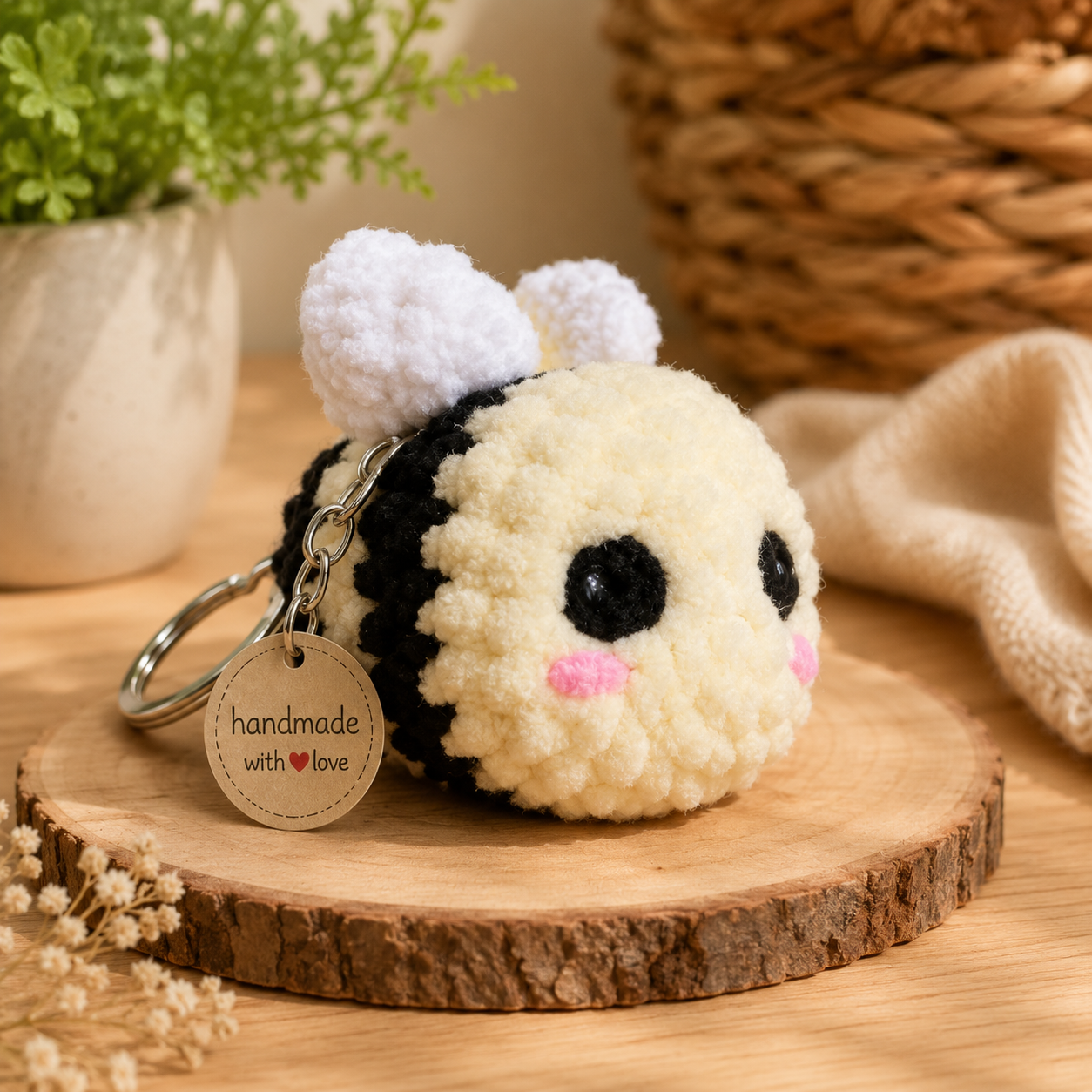 A cute handmade bumblebee plush keychain resting on a rustic wooden slice. The keychain features a cream-colored fuzzy body, black stripes, white fluffy wings, embroidered black eyes and pink cheeks, and a round wooden charm that reads 'handmade with love'.