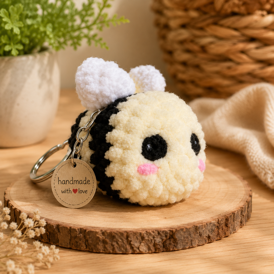 A cute handmade bumblebee plush keychain resting on a rustic wooden slice. The keychain features a cream-colored fuzzy body, black stripes, white fluffy wings, embroidered black eyes and pink cheeks, and a round wooden charm that reads 'handmade with love'.
