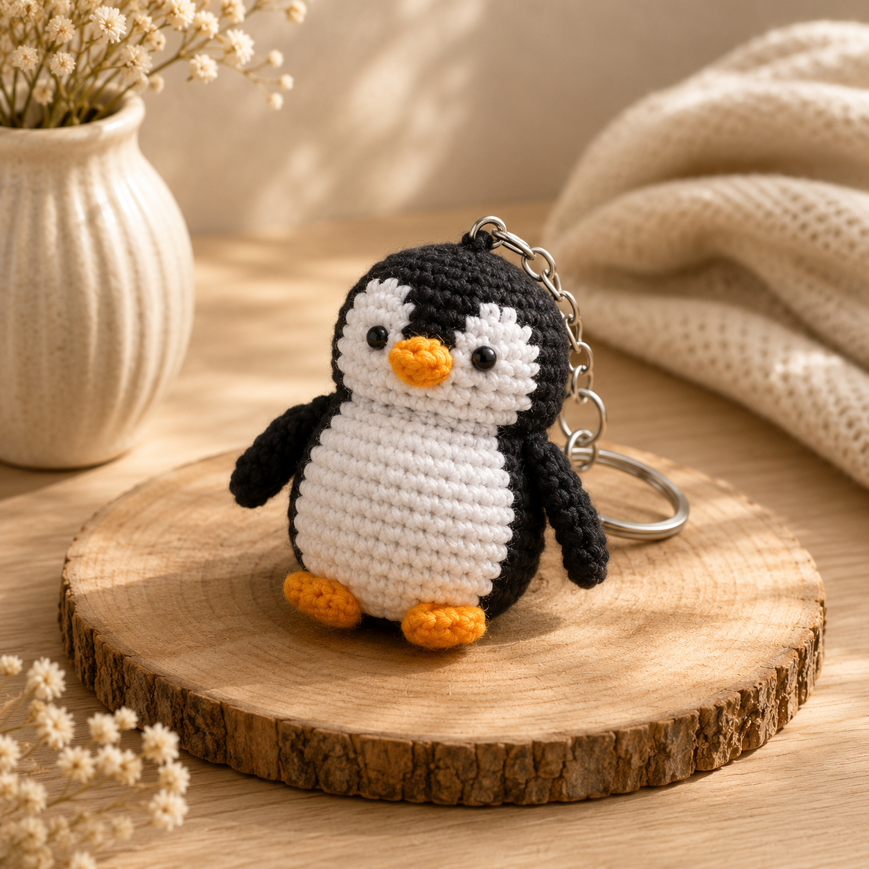 A small crocheted penguin keychain with black and white body, orange beak and feet, resting on a round wood slice. The background features a beige textured blanket and a cream-colored vase with dried flowers on a wooden table.