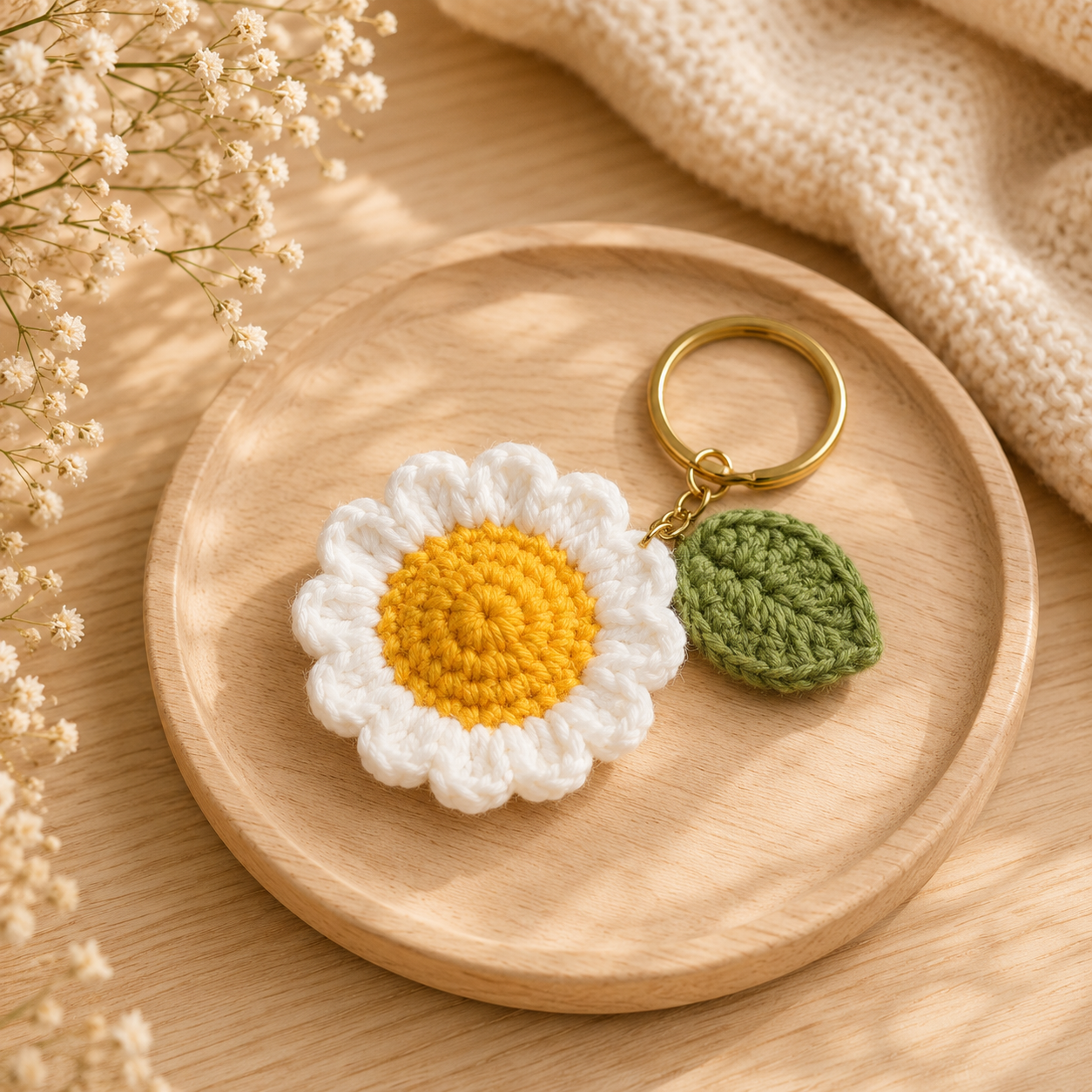 A crocheted daisy keychain with a white flower, yellow center, and green leaf charm on a gold ring, displayed on a round wooden tray with dried flowers and a beige knit fabric in the background.
