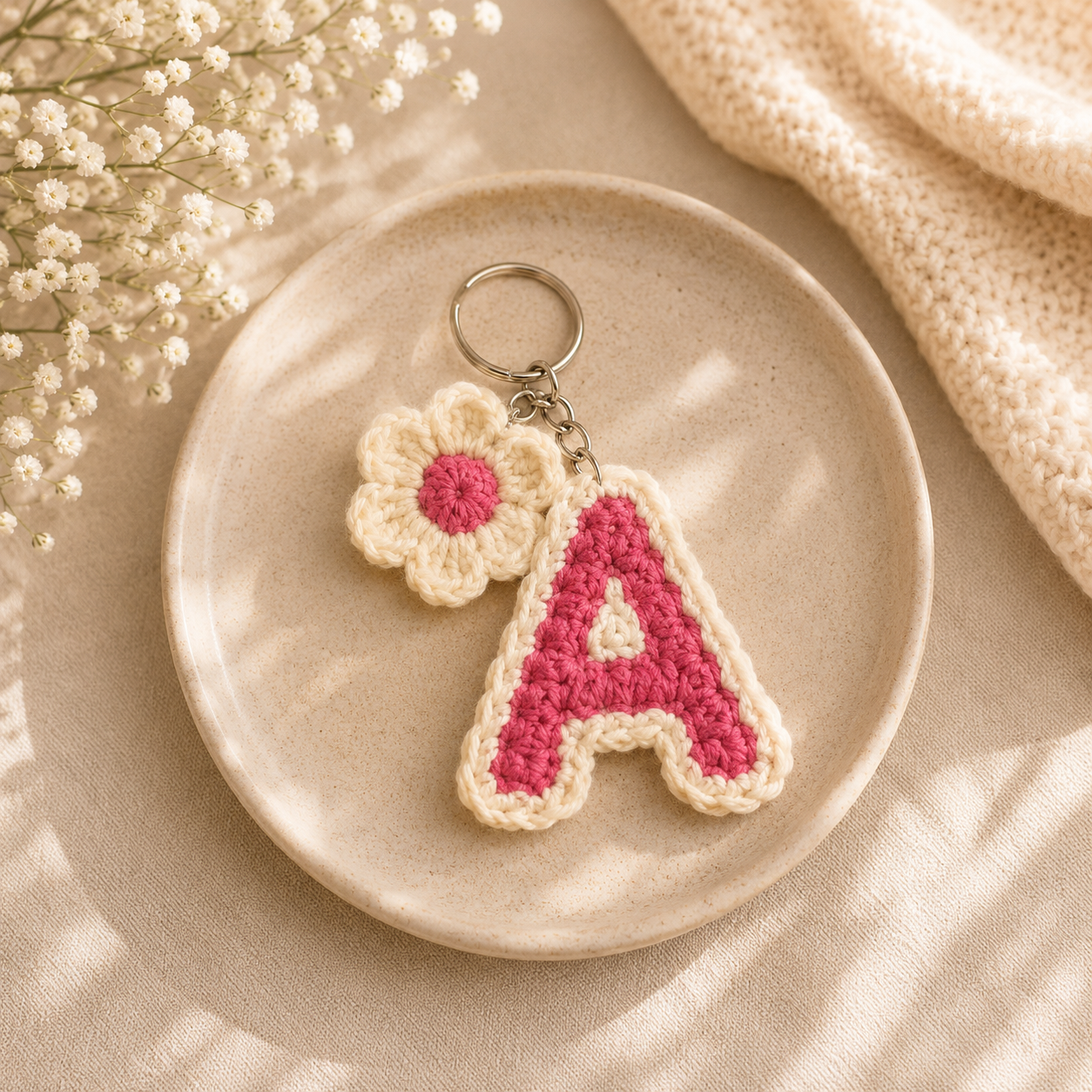 A handmade crochet keychain featuring a large letter 'A' and a small flower, displayed on a beige ceramic plate with baby's breath flowers and a cream knit fabric in the background.