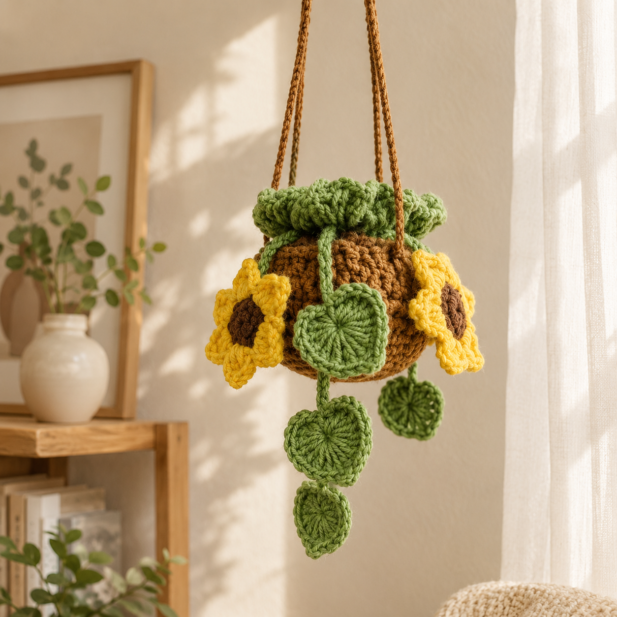 A crocheted sunflower-themed hanging planter in warm brown, yellow, and green, suspended by braided cords in a softly lit room with a wooden shelf and framed art in the background.
