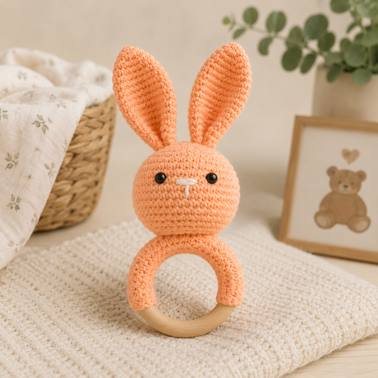 A crocheted bunny-shaped baby teether with long ears, black bead eyes, a small white stitched nose, and a natural wooden ring handle, displayed on a cream textured blanket with a woven basket, folded fabric, and framed teddy bear picture in the background.