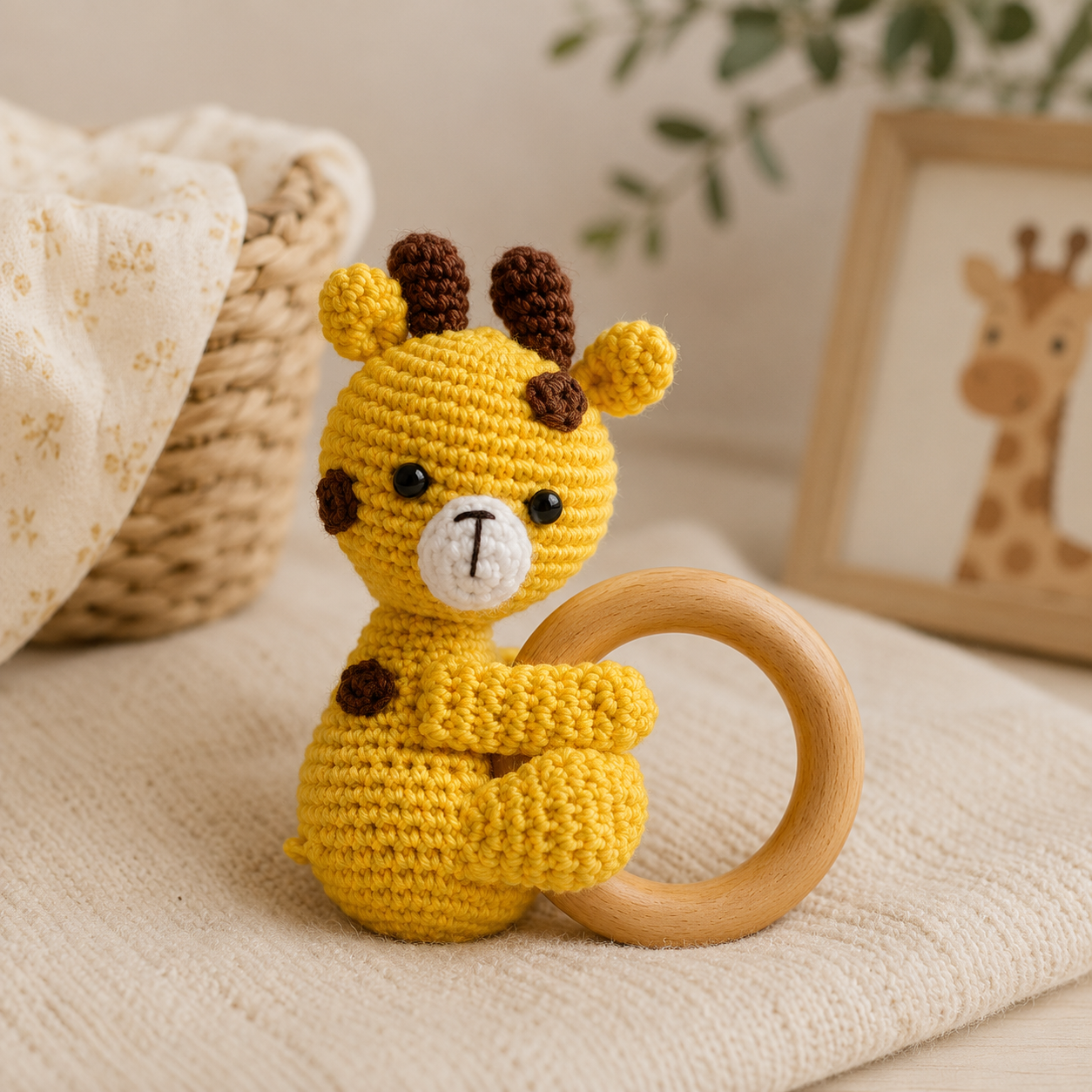 A yellow crocheted giraffe baby teether with a wooden ring, styled on a textured cream blanket with a woven basket and a framed picture in the background.