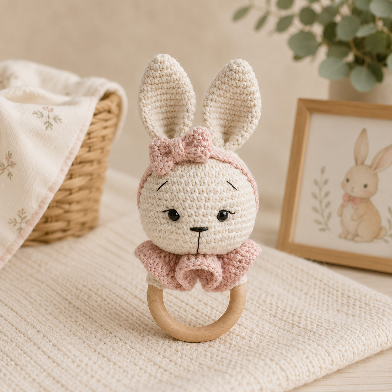 A handmade crocheted bunny rattle with long cream ears, a pink bow and collar, and a wooden ring handle, styled on a textured cream blanket with a basket, folded blanket, and framed bunny illustration in the background.