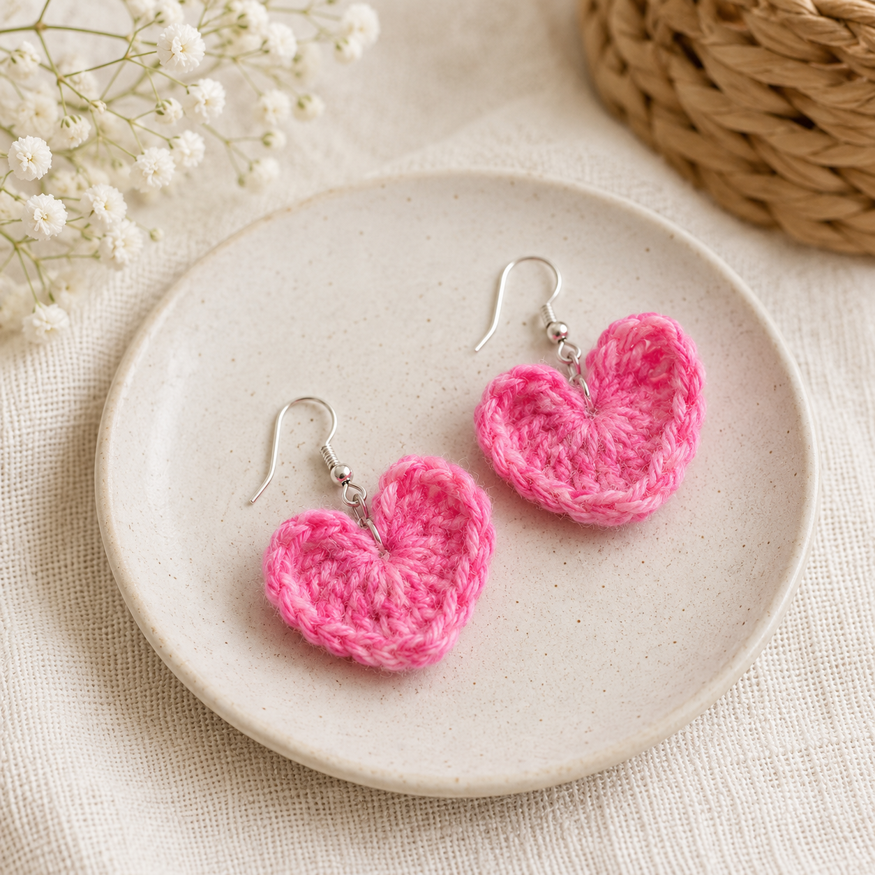 A pair of bright pink crocheted heart dangle earrings with silver fishhook wires, displayed on a round beige ceramic plate with small white flowers and a woven basket in the background.