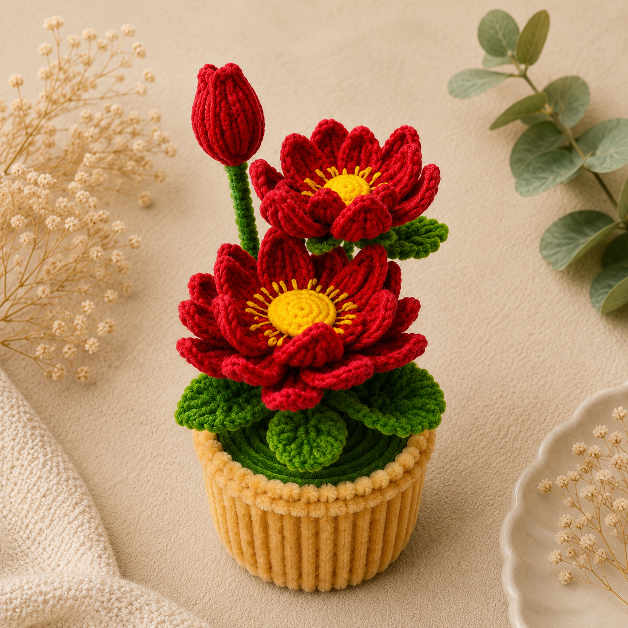 A crocheted floral arrangement in a ribbed yellow pot, featuring two red flowers with yellow centers, green leaves, and a red bud, styled on a beige surface with dried flowers and greenery.