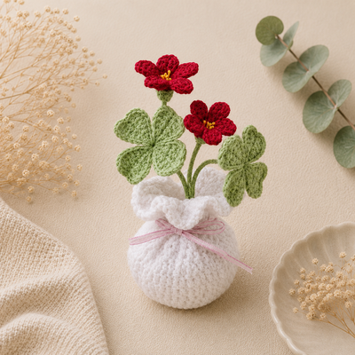 A crocheted floral arrangement in a white yarn vase with two red flowers and green leaves, styled on a beige fabric surface with dried flowers and greenery props.