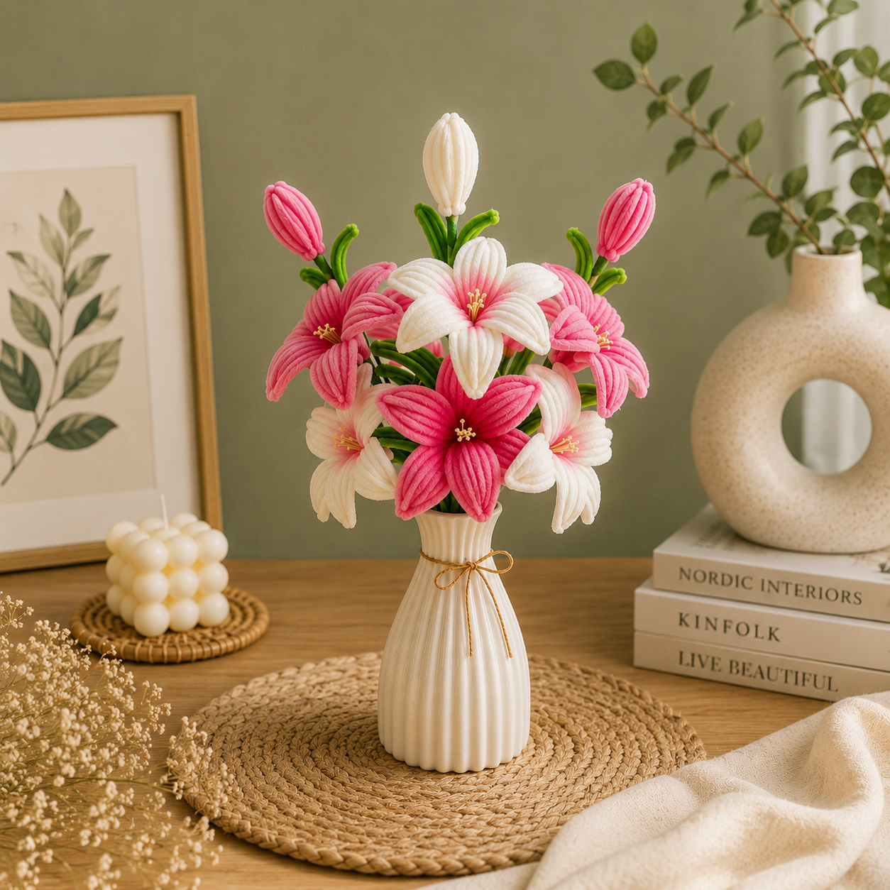 A decorative ceramic vase filled with pink and white lily-of-the-valley flowers, styled on a woven placemat on a wooden table with home decor props including a candle, framed botanical print, books, and a textured vase.