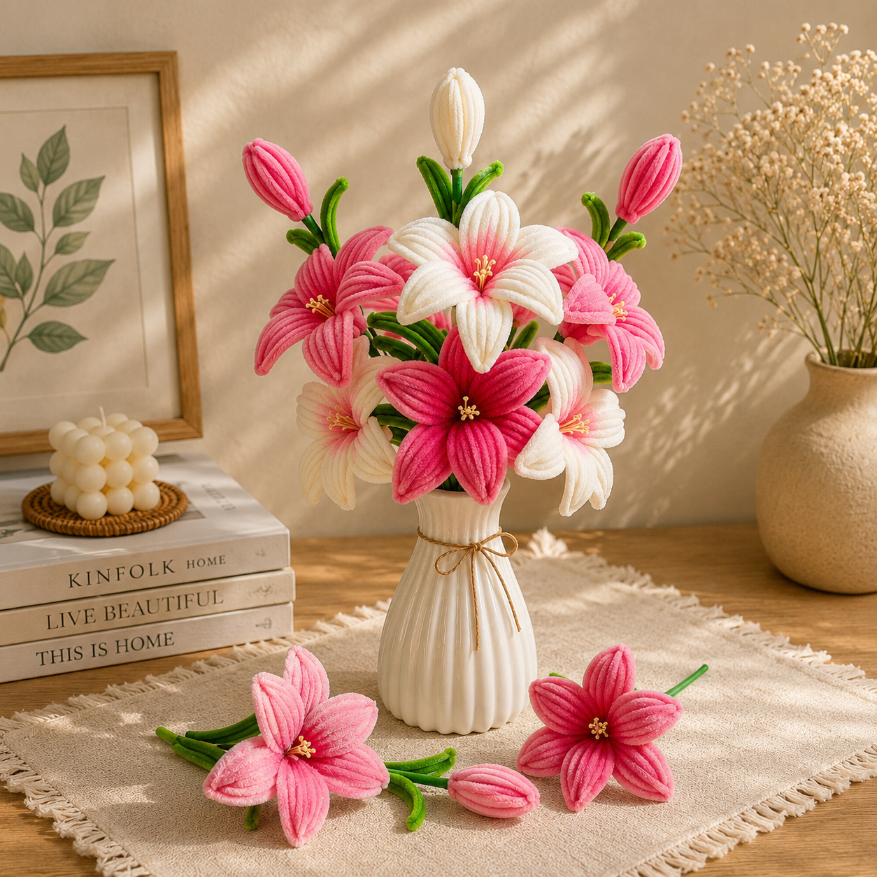 A decorative arrangement of crocheted or knitted lily-of-the-valley flowers in a white ribbed vase, styled on a table with a cream runner, books, a candle, framed botanical art, and a small vase of dried flowers in a warm indoor setting.