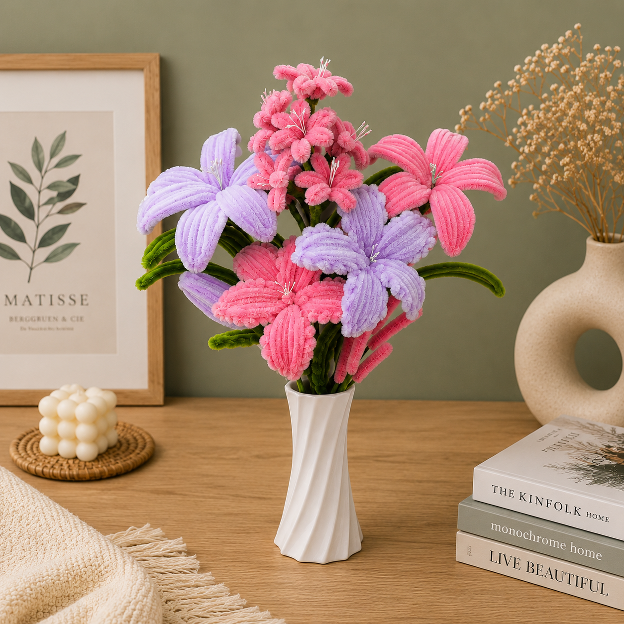 A decorative artificial flower arrangement in a white ribbed vase, styled on a wooden table with books, a candle, and dried flowers in the background.